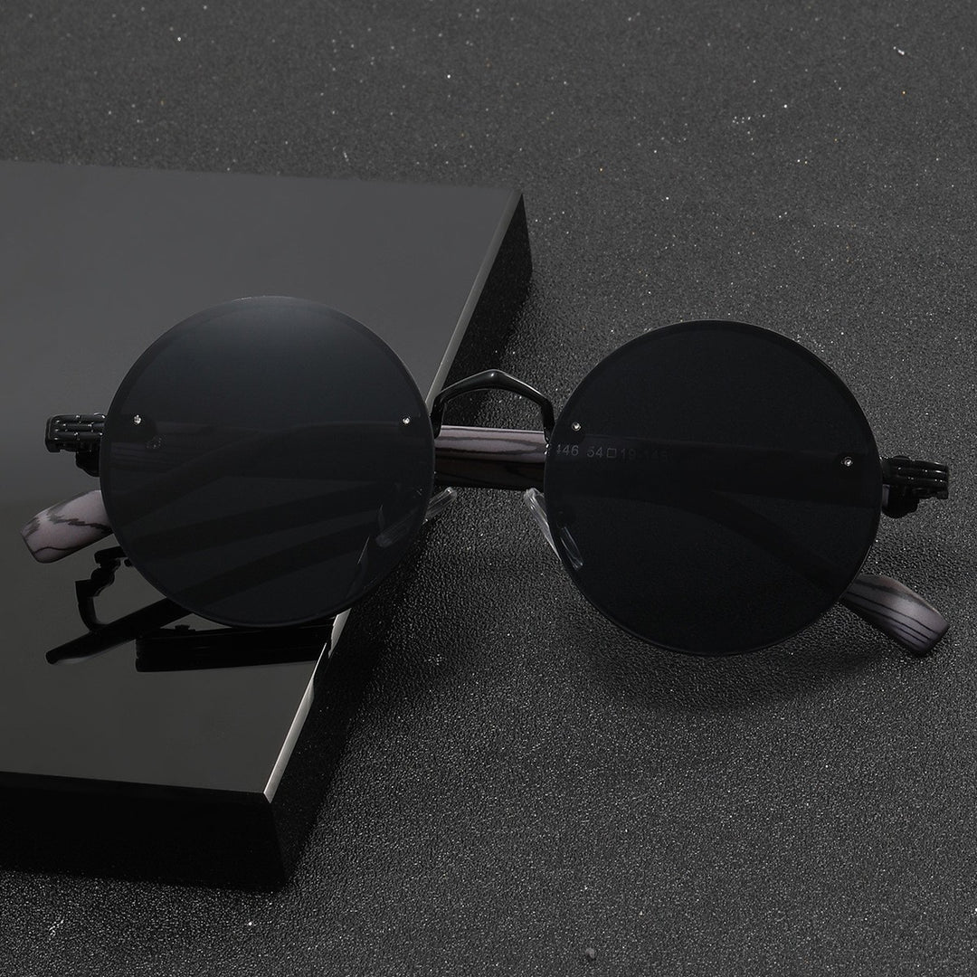 Retro round punk metal sunglasses with wood grain temples
