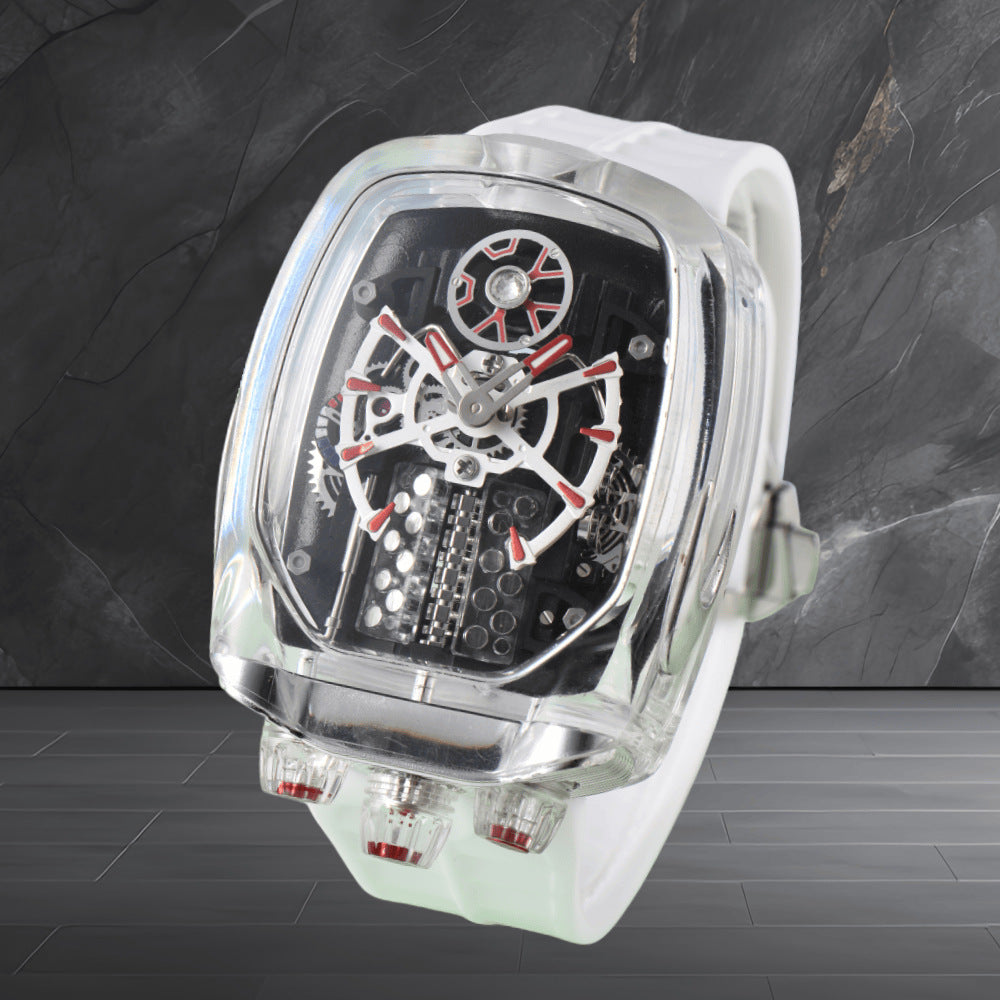 W16 Engine-Style Watch with Sparkling Transparent Crystal Case