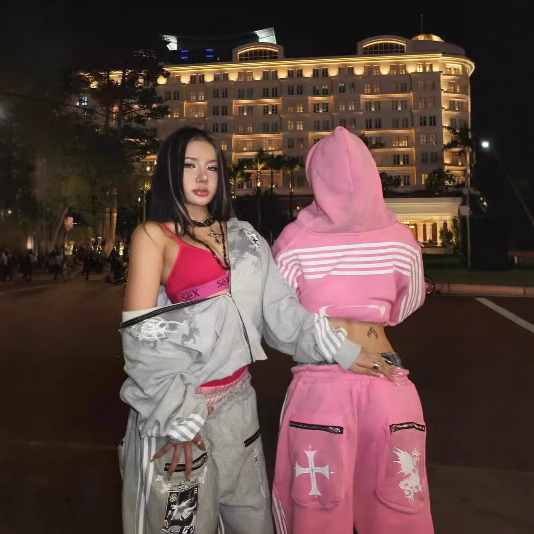 Five-stripe dragon and cross print hoodie.