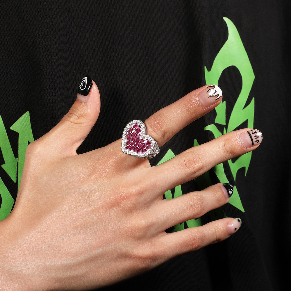 Hip-Hop T-Square & Heart-Shaped Zirconia Ring