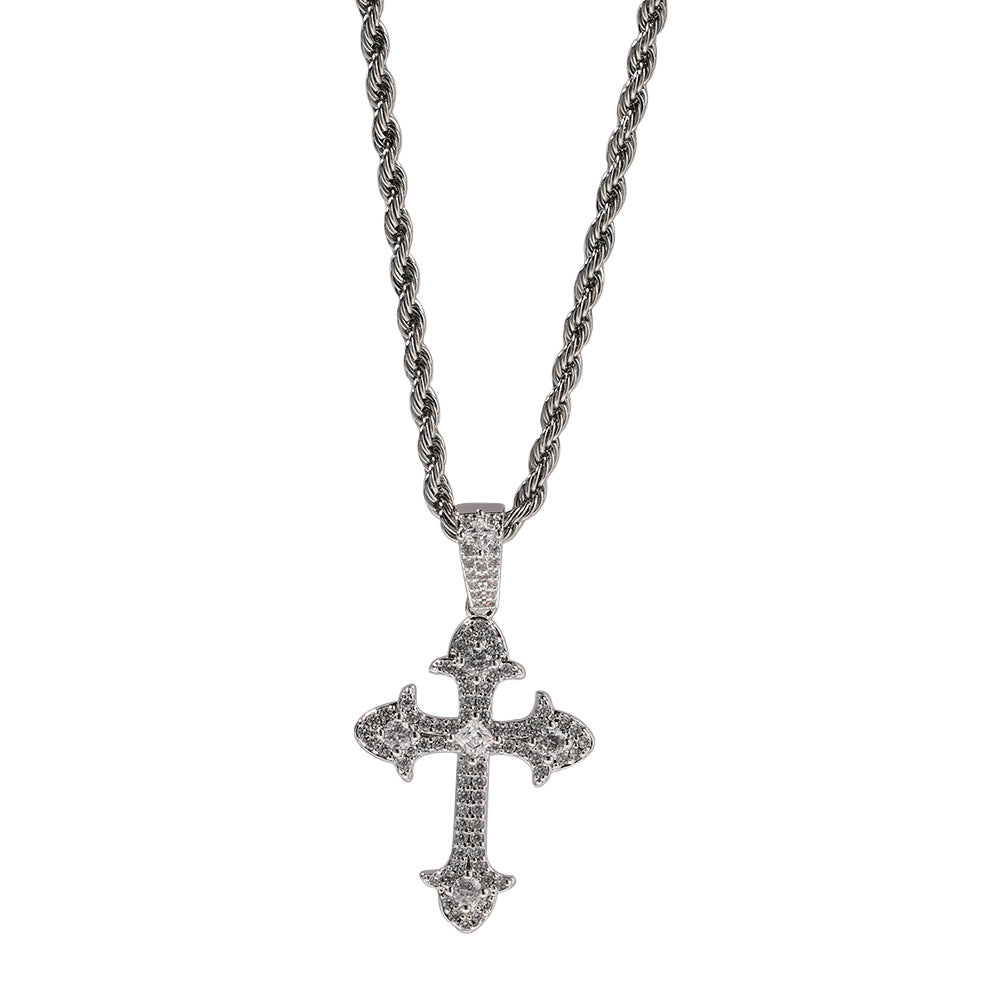 Hip-Hop Diamond-Encrusted Zircon Cross Necklace