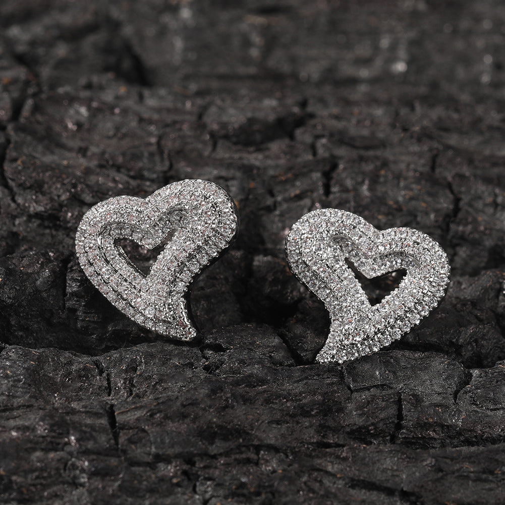 Hip-hop exaggerated zircon hollow heart earrings
