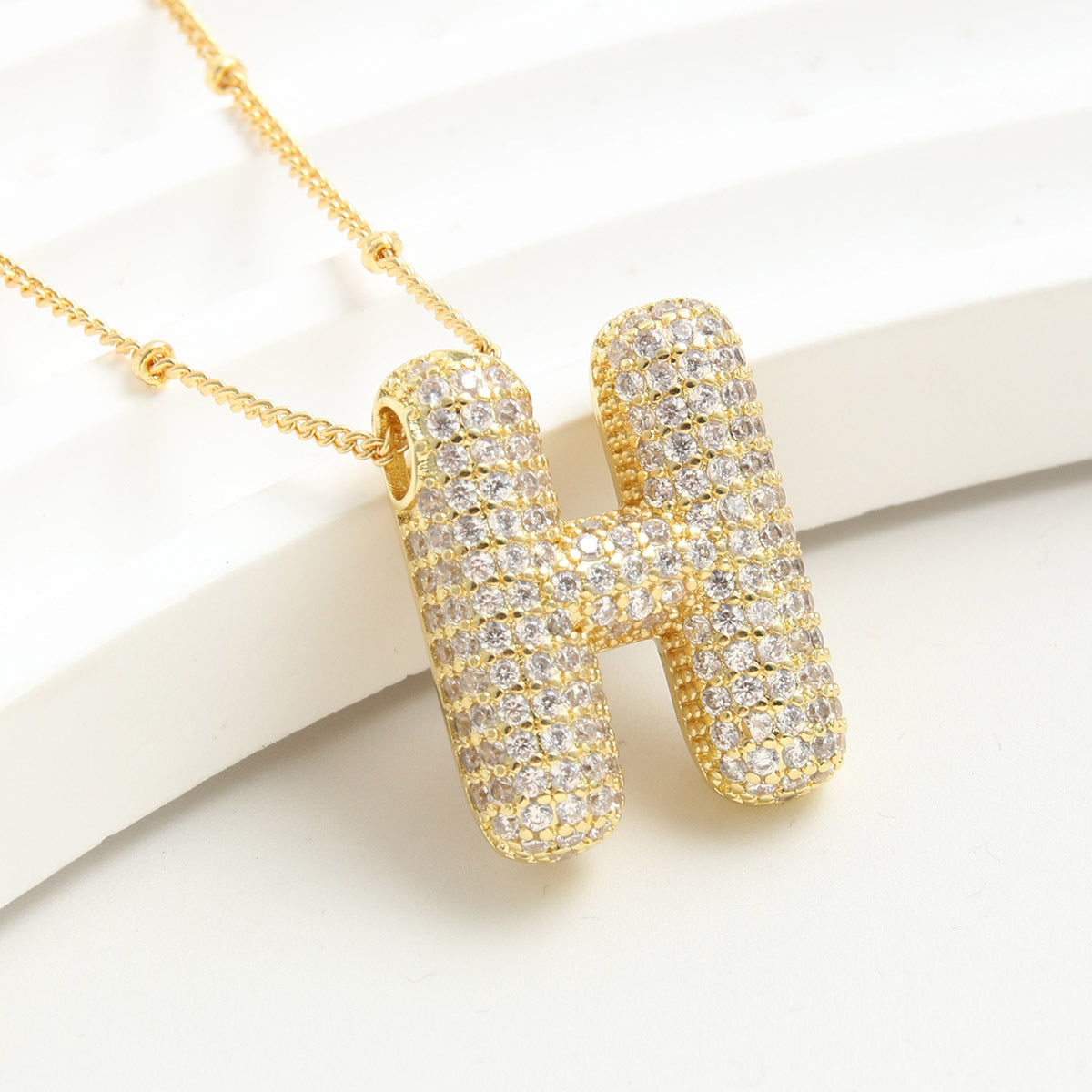 Bubble Initial Necklace 14k Gold Plated Cubic Zirconia