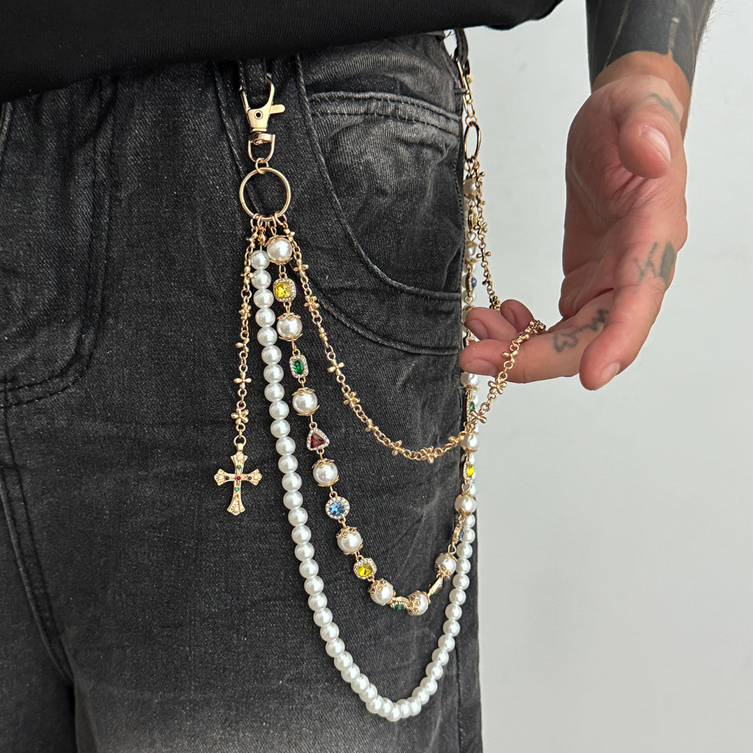 Pearl, Multi-Gemstone, Cross & Floral Pant Chain
