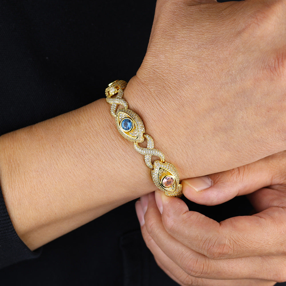 Eye-themed infinity bracelet with colored zircon, figure-eight chain