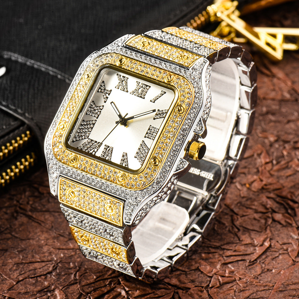 Roman Dial Marker High-End Hip Hop Style Diamond-Studded Square Watch