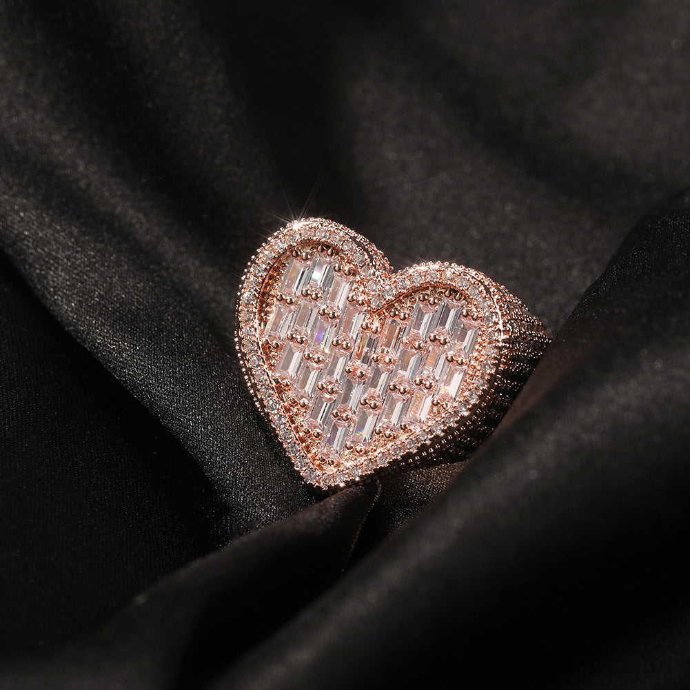 Hip-Hop T-Square & Heart-Shaped Zirconia Ring