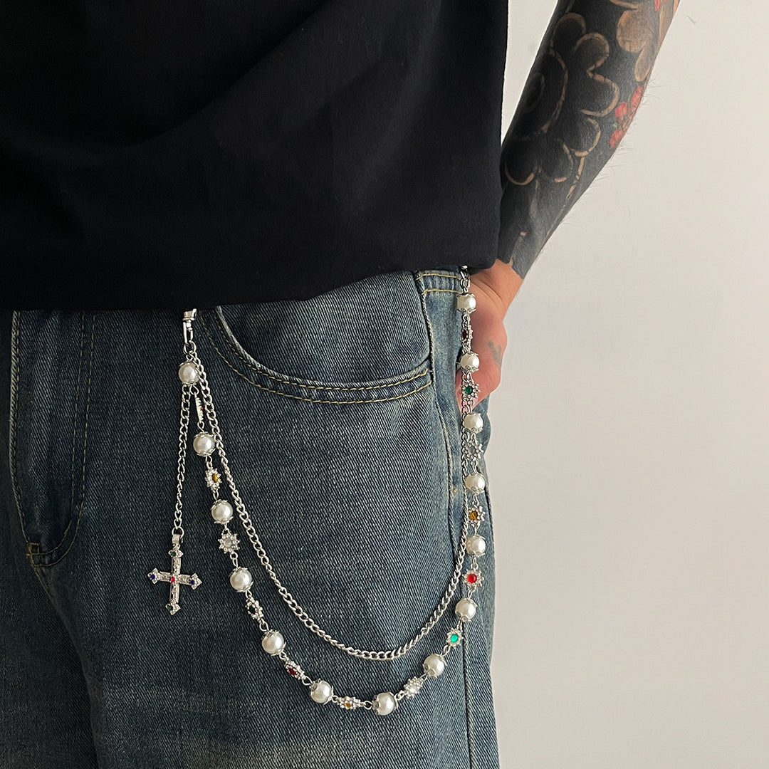 Pearl, Multi-Gemstone, Cross & Floral Pant Chain