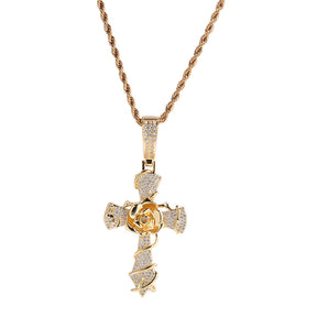 Copper set 5A zirconia rose cross pendant necklace