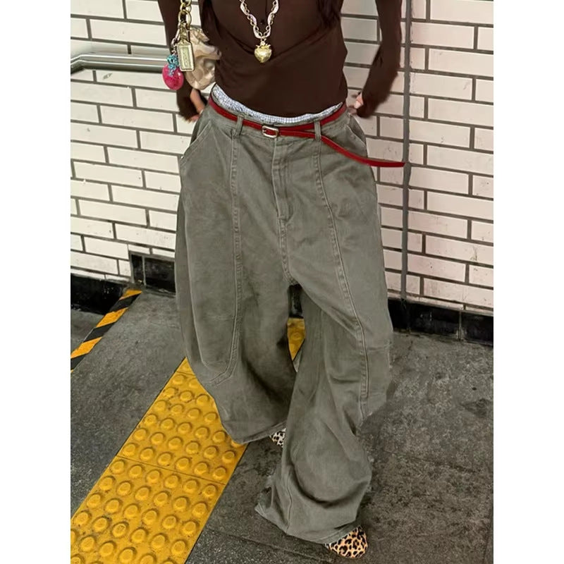 Y2K Plus Size Washed Curved Blade Wide-Leg Pants