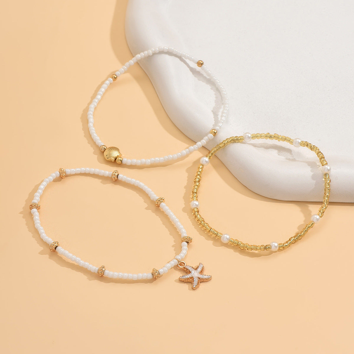 Starfish shell millet beaded anklet three-layer set