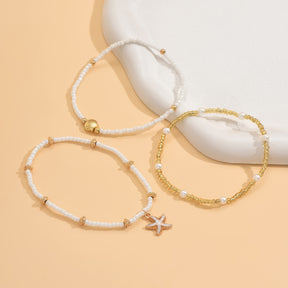 Starfish shell millet beaded anklet three-layer set