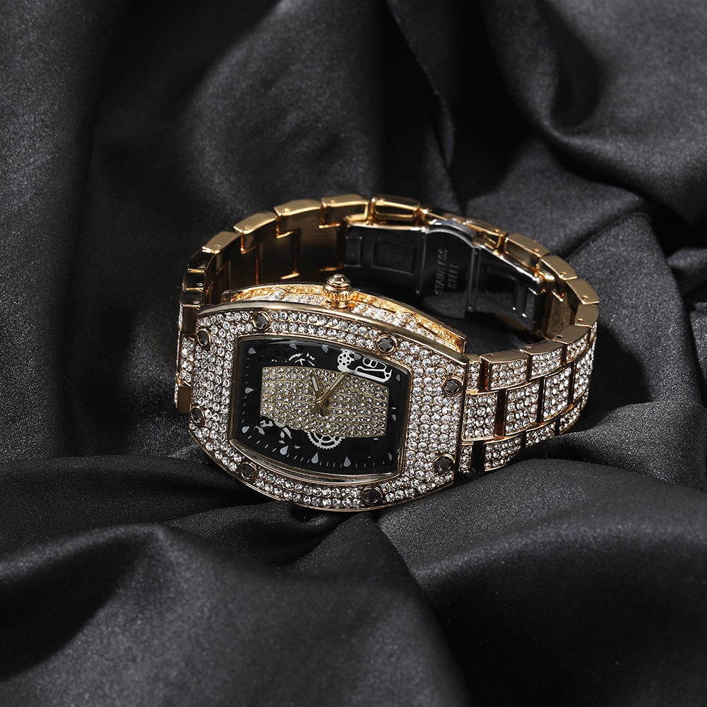 Diamond-set color-blocked hip-hop tonneau-shaped watch