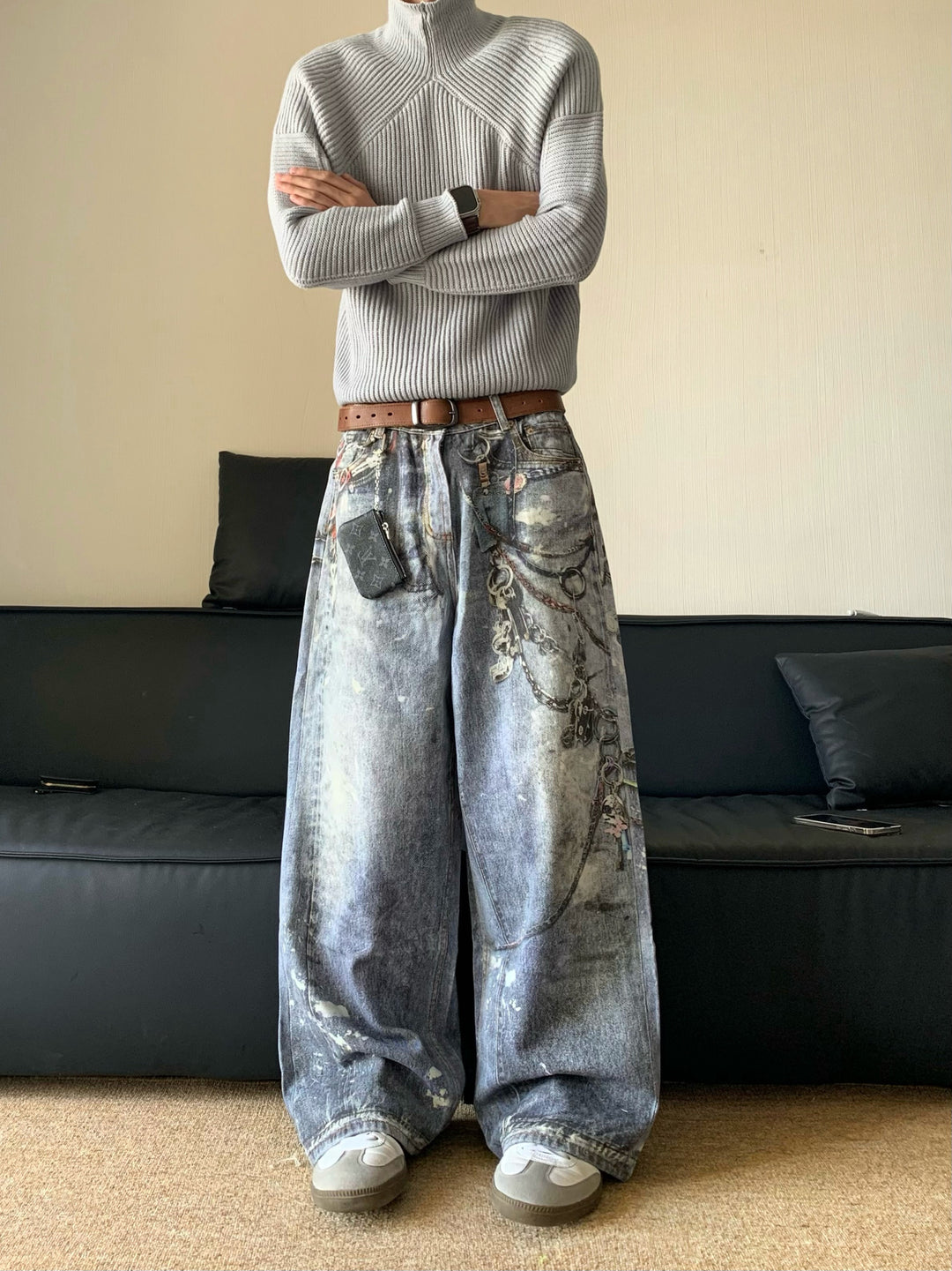 Distressed "Wasteland" Style Jeans with 3D Print and Chain Detail