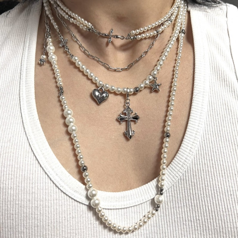 Cross heart star pearl necklace