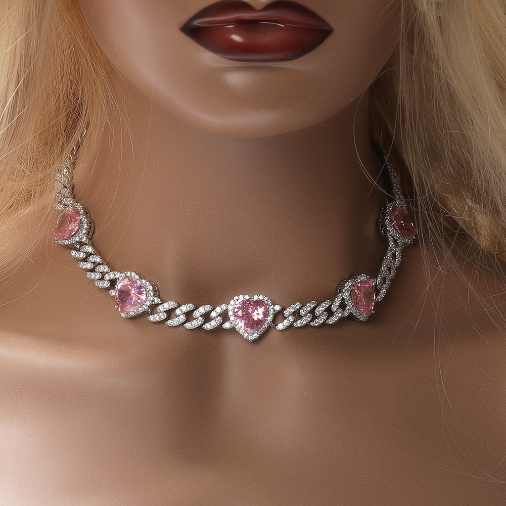 Heart Diamond Necklace Hip Hop 9MM Pink Zircon Cuban Chain