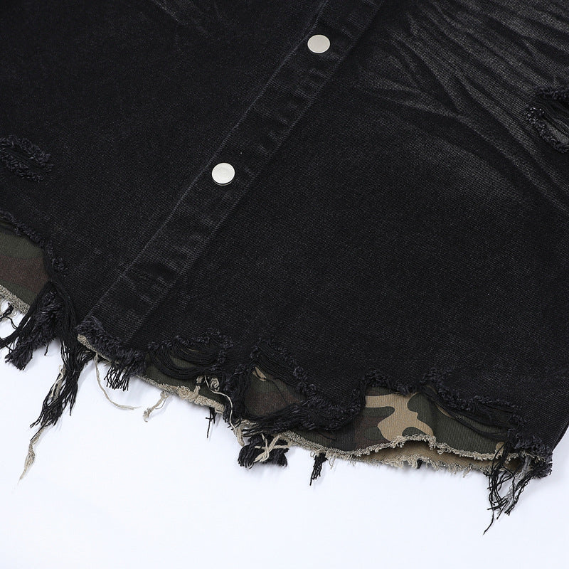 Raw-Hem Leopard-Print Patchwork Denim Shirt & Shorts Set