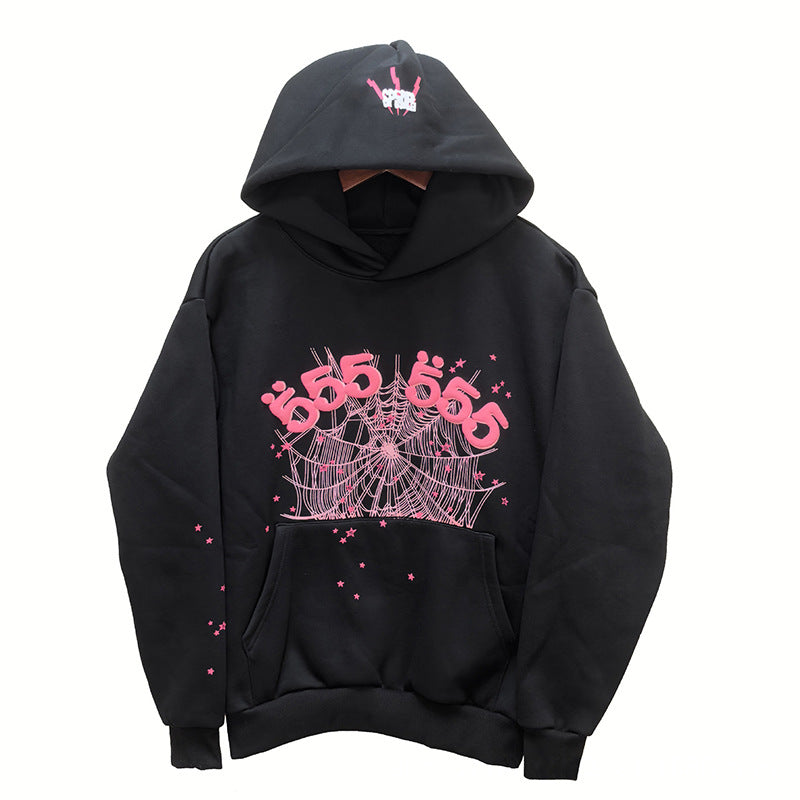 Sp5der fleece-lined hoodie with spiderweb print.