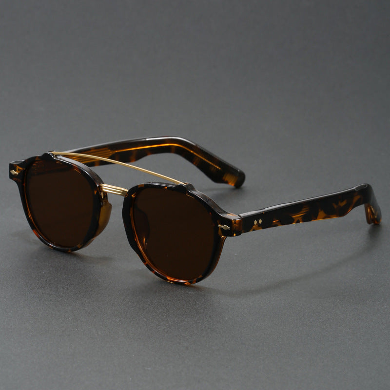 Retro Double Bridge Round Frame Slimming Sunglasses