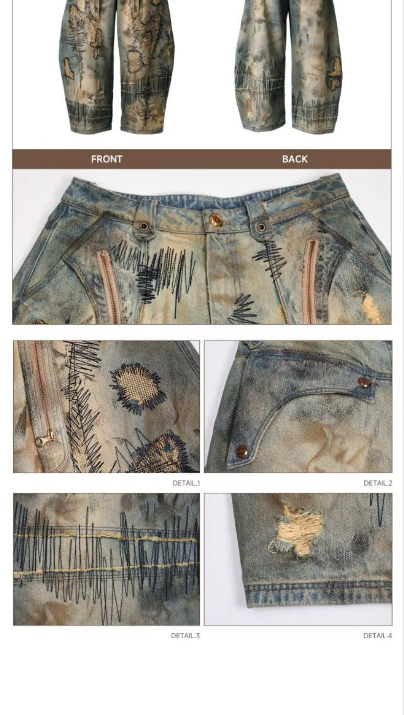 "Random Stitch" Embroidered & Distressed "Scythe" Cut Denim Jeans