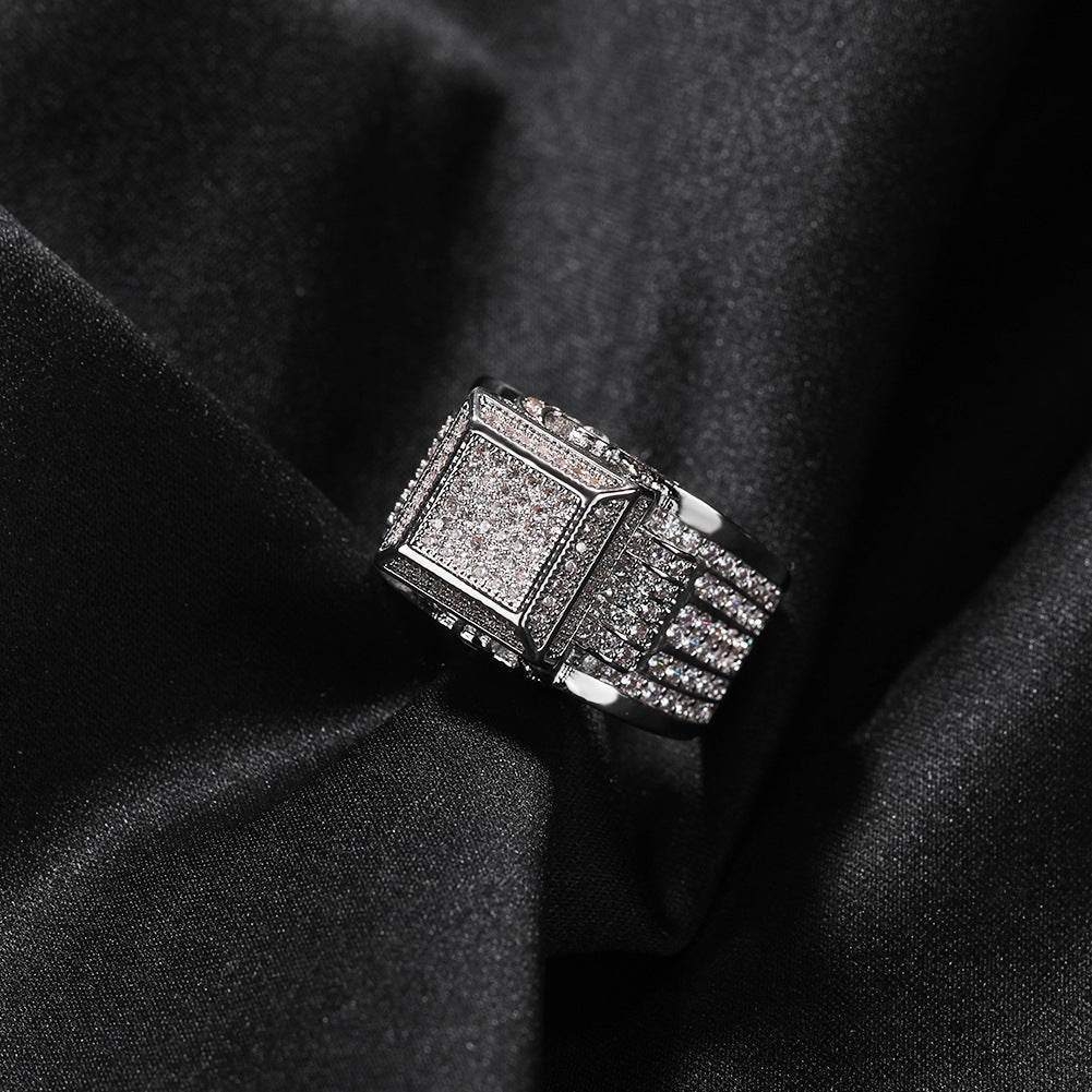 Hip-hop square diamond-encrusted couple ring