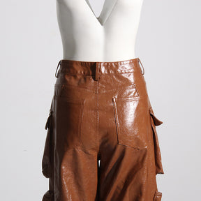 Multi-pocket overalls leather pants personality loose overalls