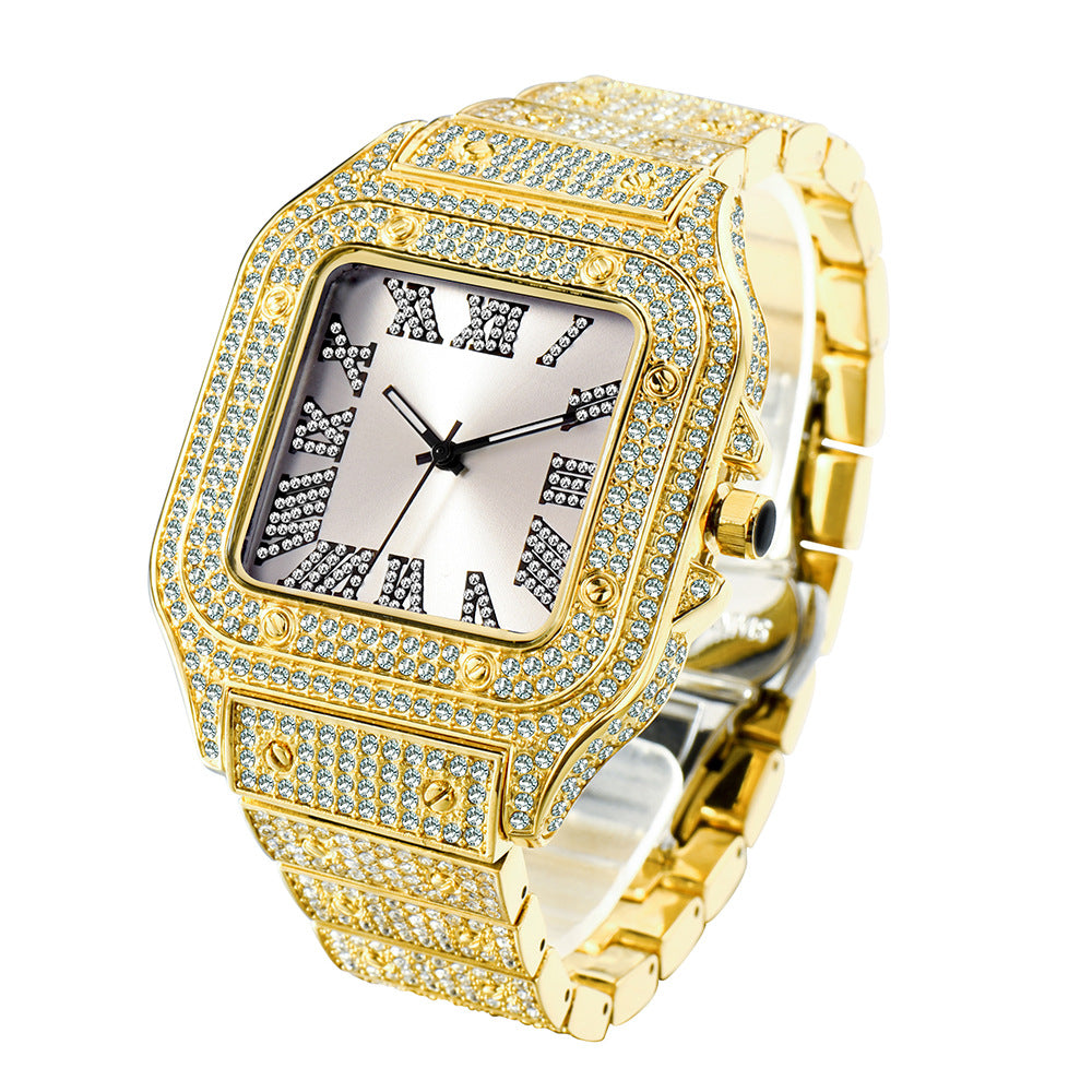 Roman Dial Marker High-End Hip Hop Style Diamond-Studded Square Watch