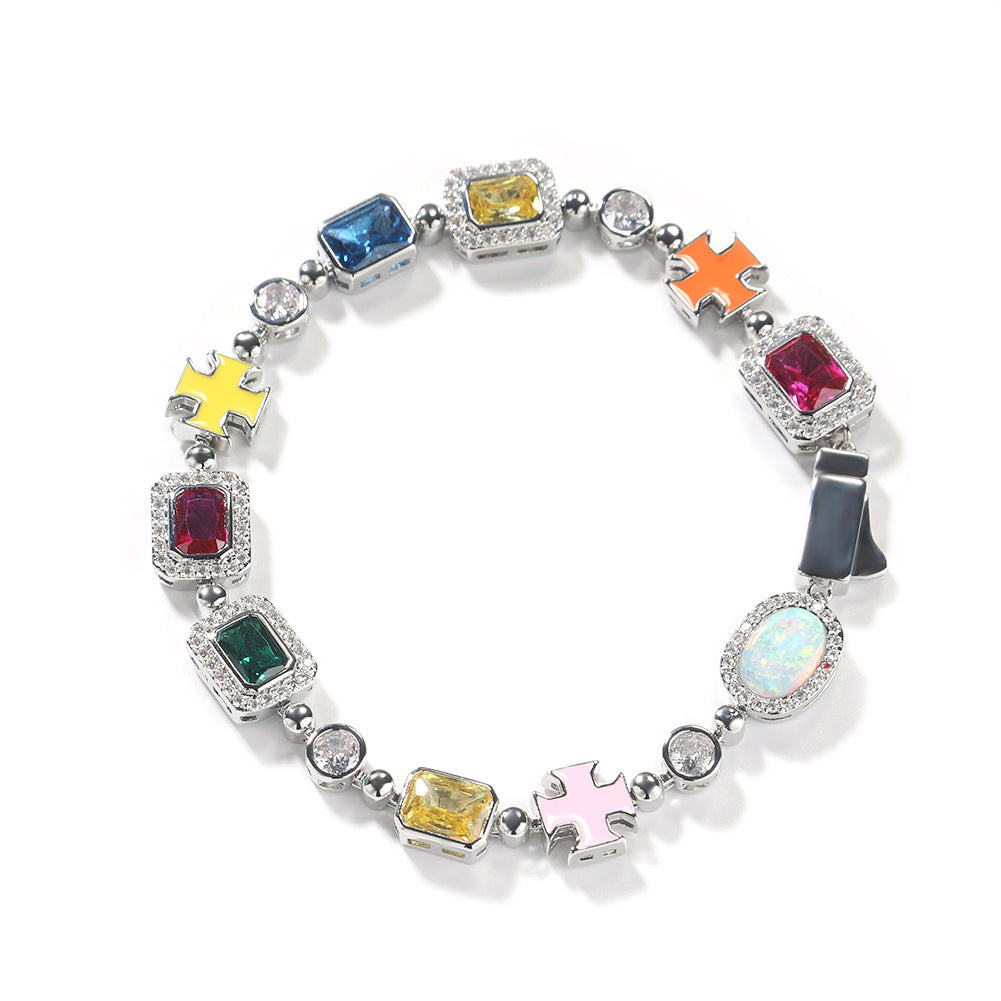 Hip-hop diamond-encrusted multicolored gemstone necklace