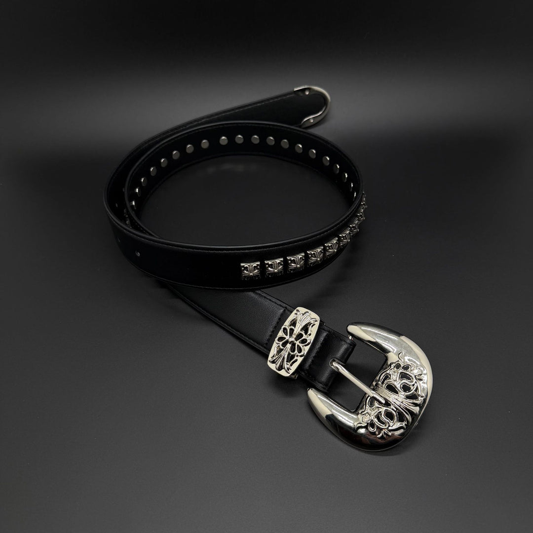 Chrome Hearts cross studded hollowed-out pin buckle leather belt.