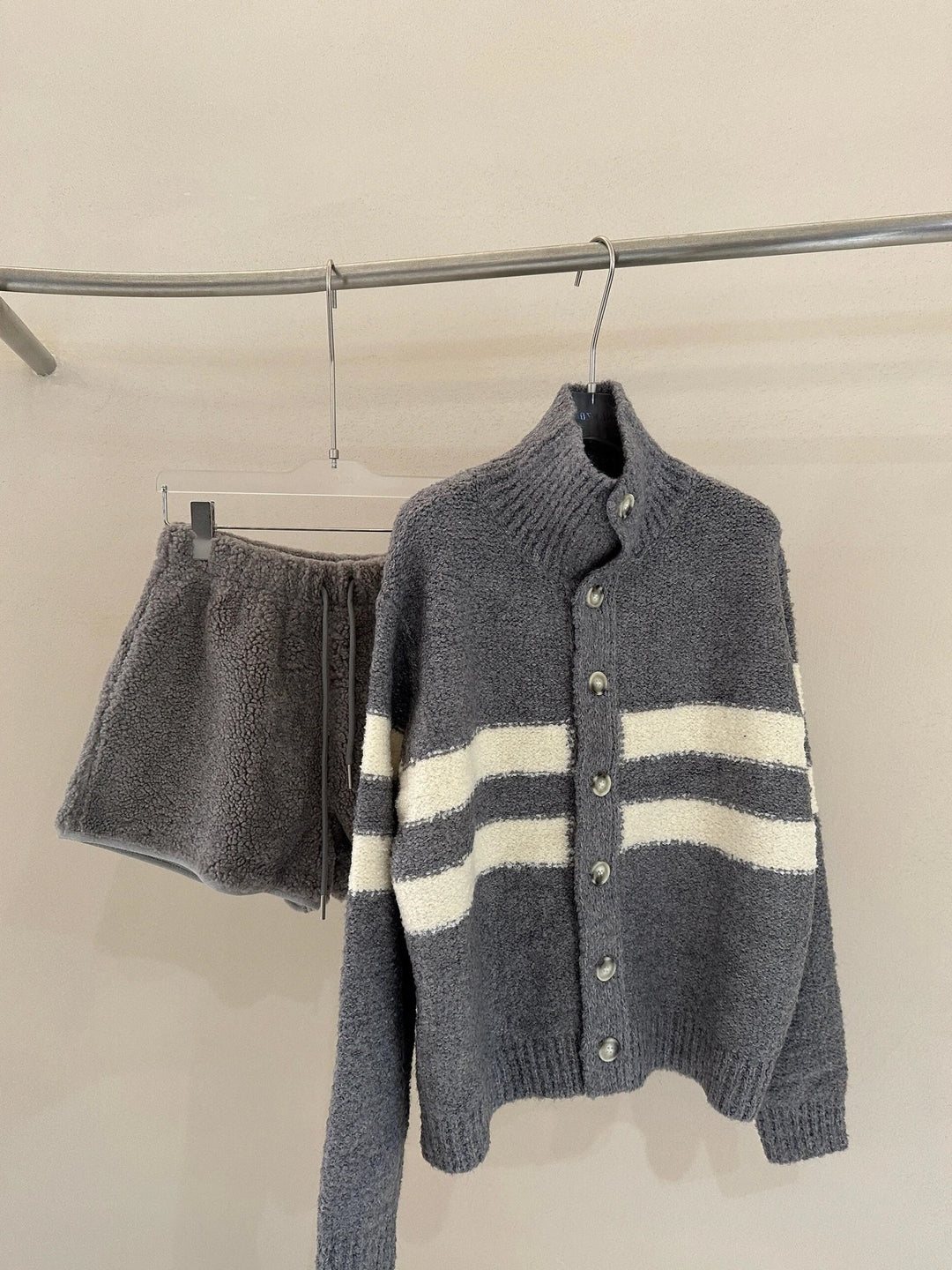 Knitted Cardigan & Color-Block Striped Faux Lambswool Shorts Set