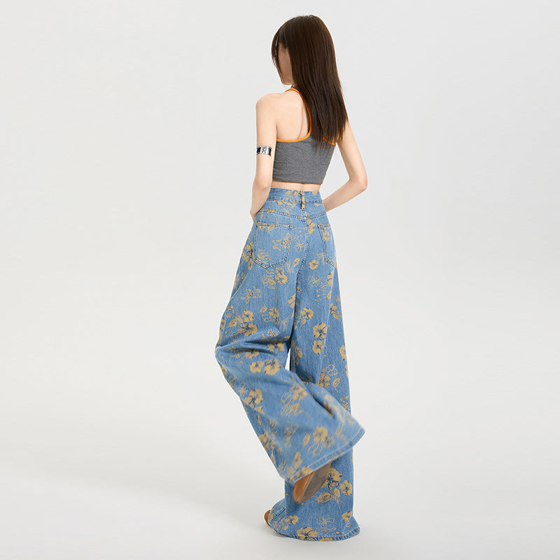 Y2K Floral Print Loose-Fit Flared Denim Trousers