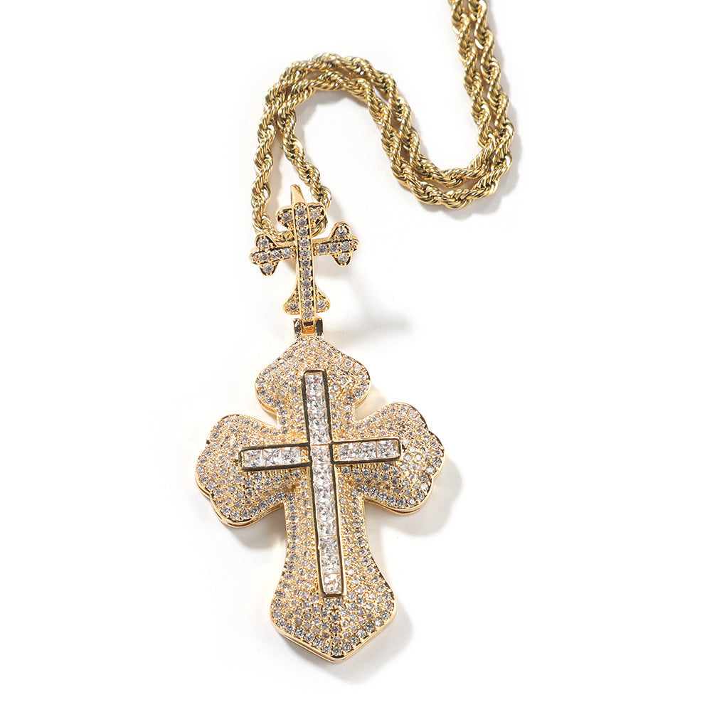 Hip-hop zircon-encrusted couple's necklace with large and small crosses
