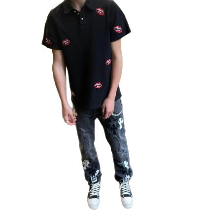 Chrome Hearts red lip print polo shirt