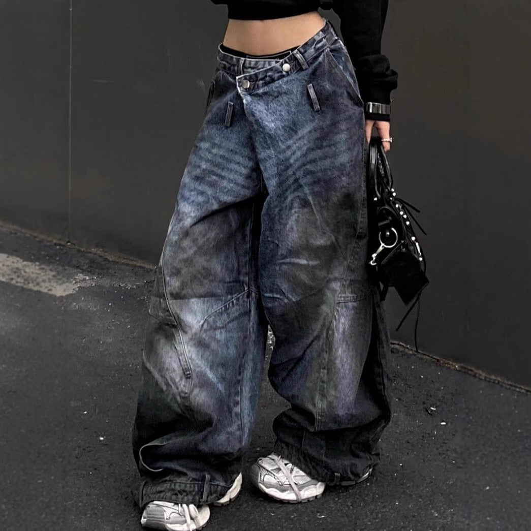 Plus-Size Washed & Distressed Loose-Fit "Curved-Leg" Jeans