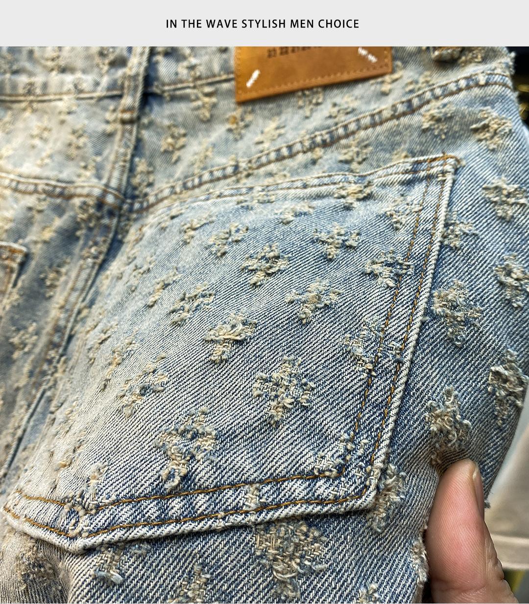 Loose Straight Leg Ripped Jacquard Five-Point Shorts