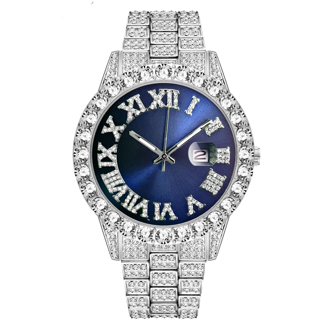Hip-hop watch with Roman numerals and diamonds, large dial