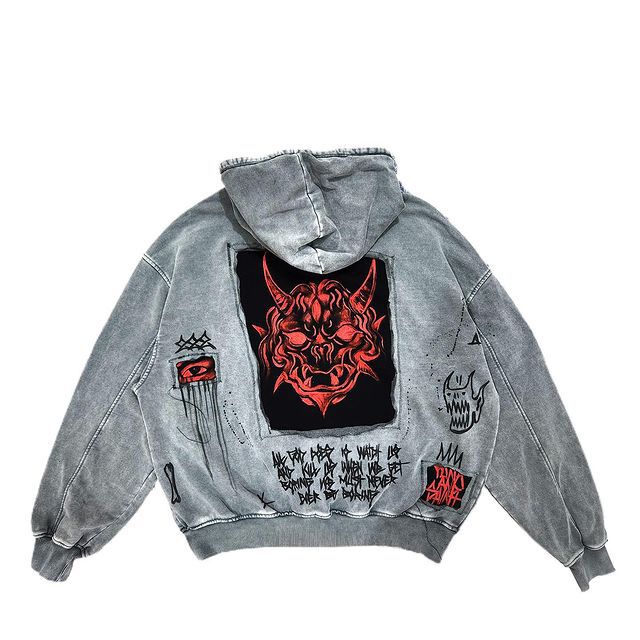 Y2K Retro Hoodie with Devil Print and Appliqué