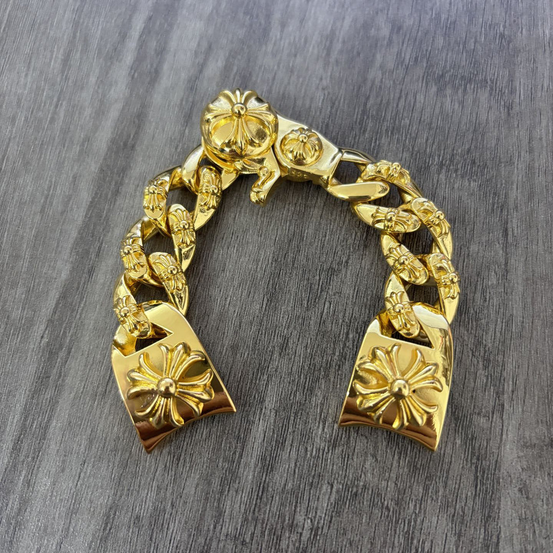 Chrome Hearts Gold Cross Motif Watch Chain with Lobster Clasp