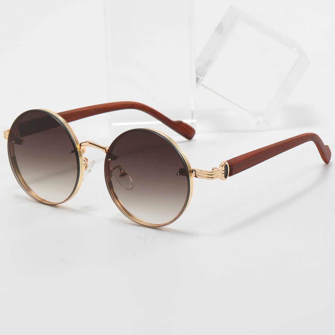 Retro round punk metal sunglasses with wood grain temples