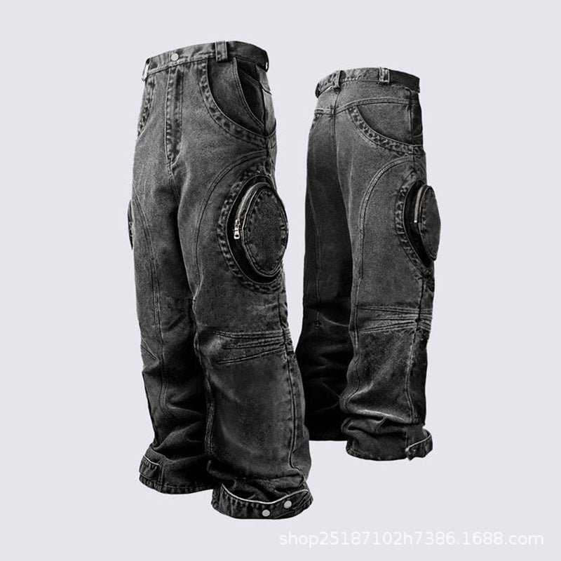 Black Ripped Zipper Pants, Cargo Pants