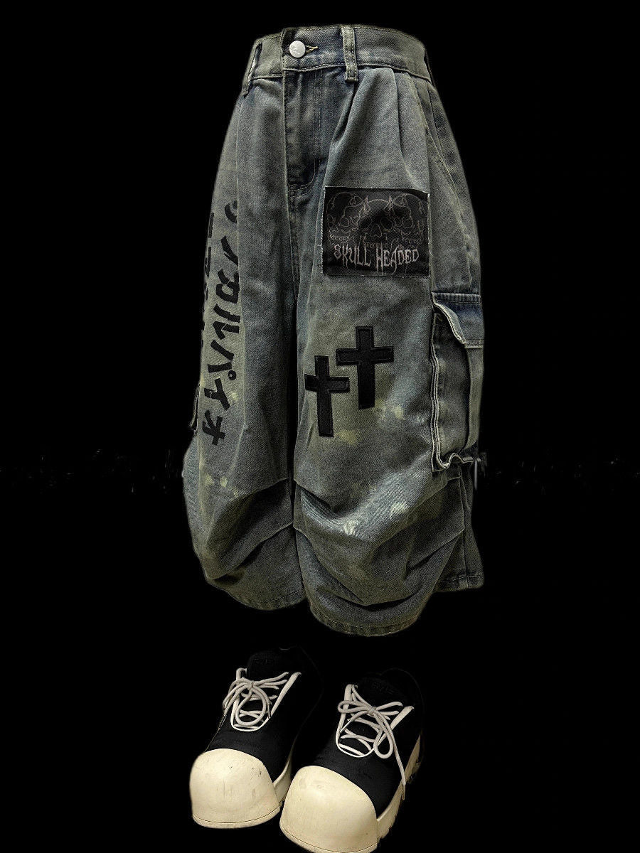 Dark Wasteland-Style Cropped Denim Jeans with Pleats and Patches