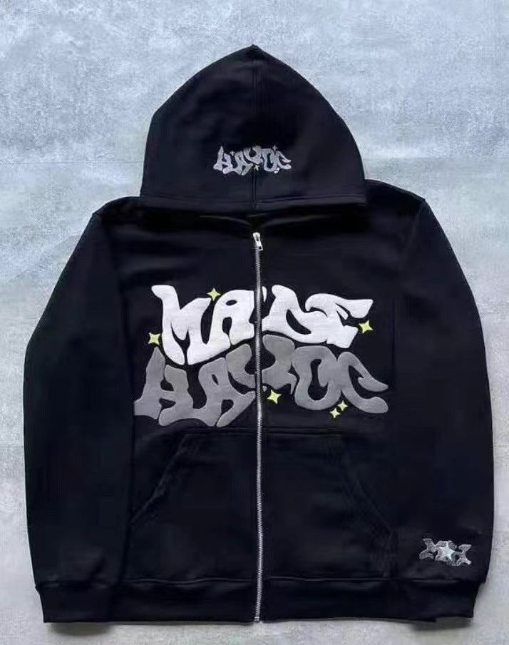 MAKE HARDER Foamed Letter Print Zip-Up Hoodie