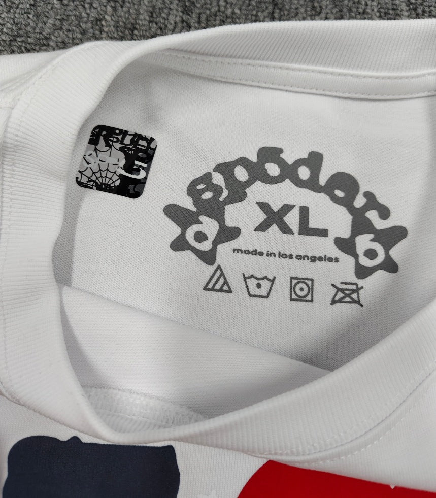 Hip-hop SP5der loose-fitting spider web T-shirt with lettering