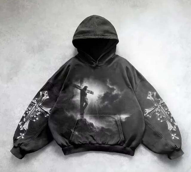 Patterned washed pullover hoodie