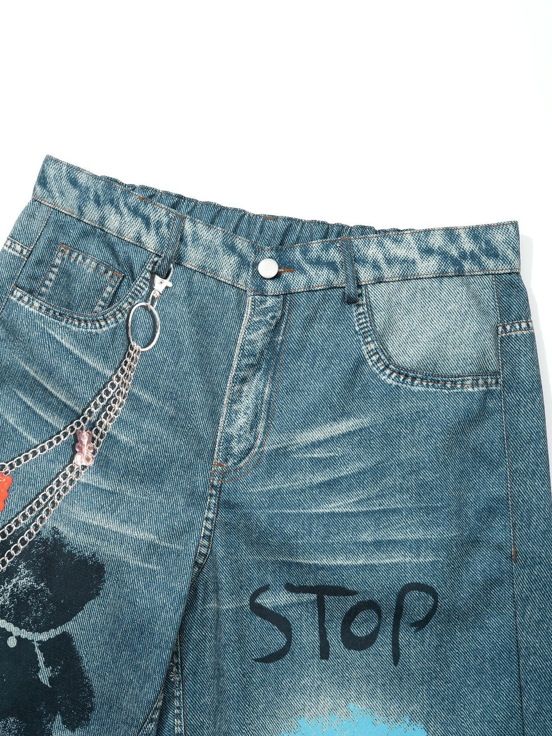 Wide-Leg Denim Jeans with Bear Eyes Print