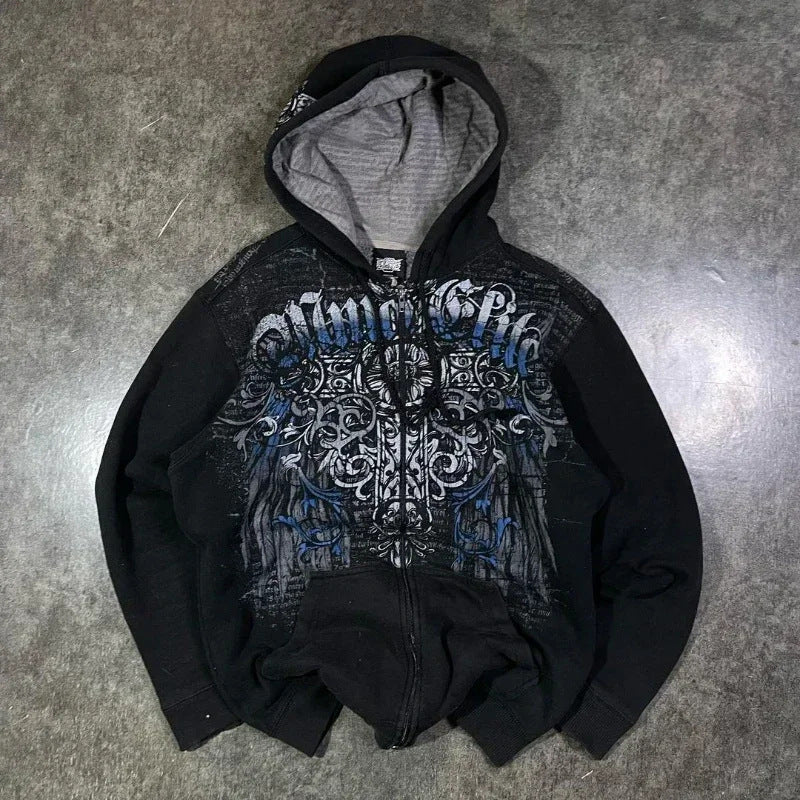 Y2K 90s Retro Graphic Skeleton Zipper Hoodie