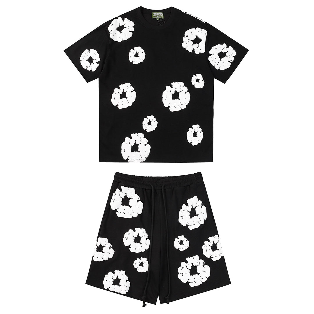 Foamed Kapok Flower Loose-Fitting Short-Sleeved Shorts