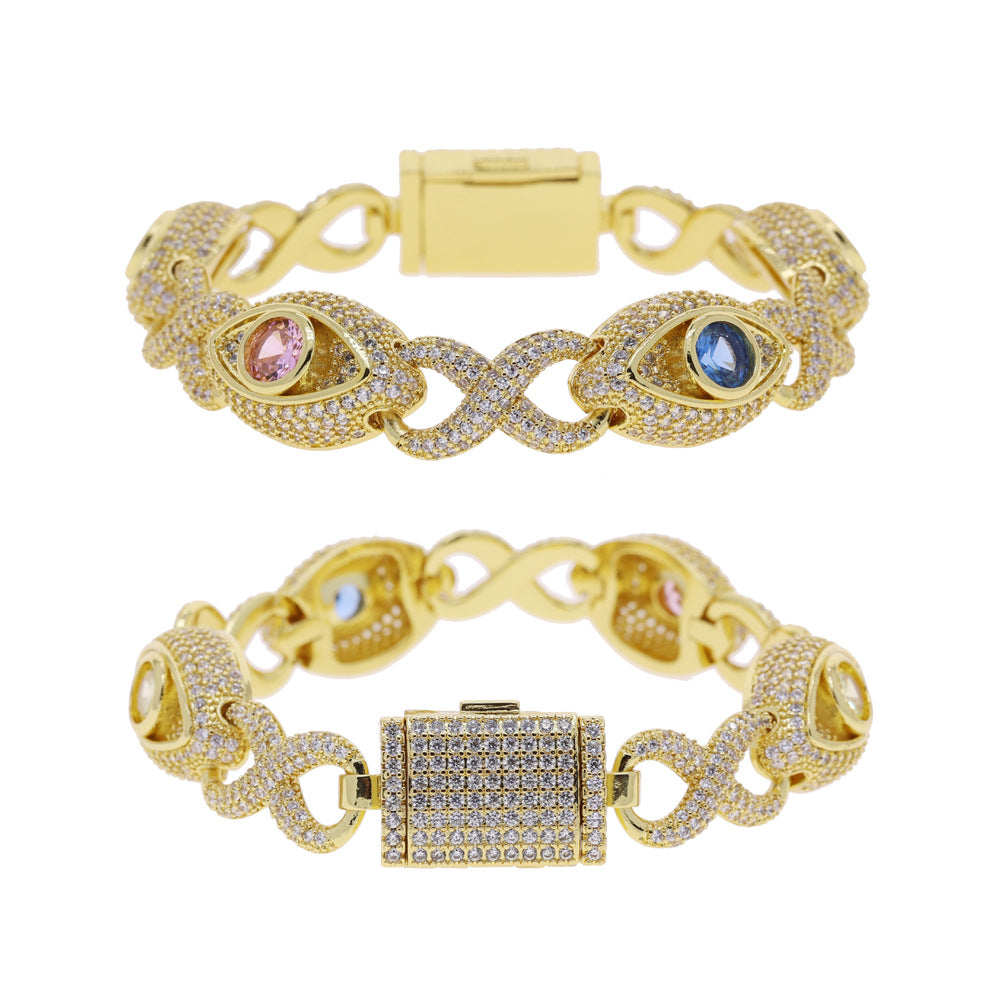 Eye-themed infinity bracelet with colored zircon, figure-eight chain