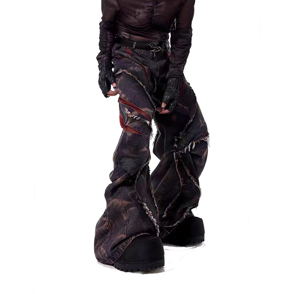 Frayed hem patchwork cutaway jeans