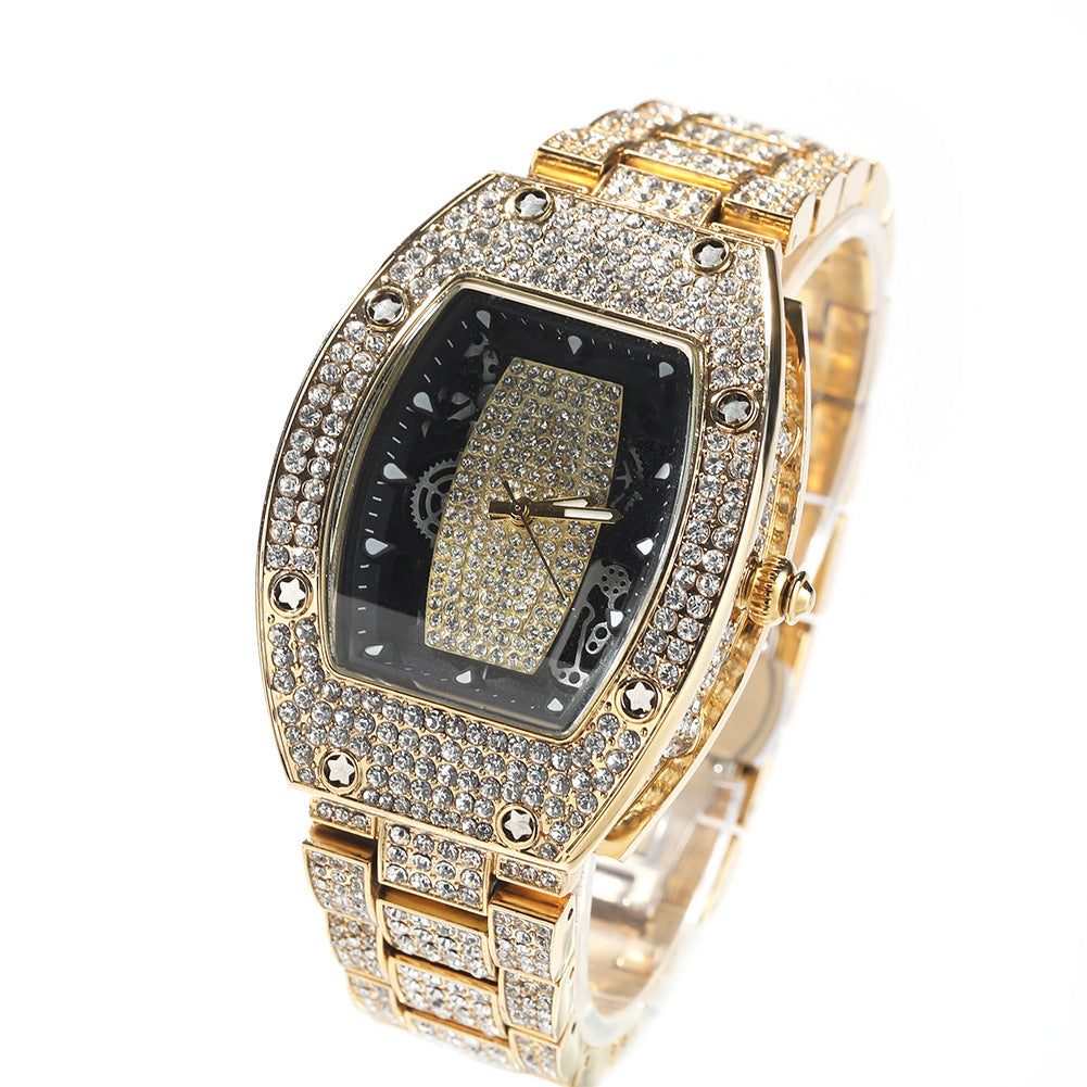 Diamond-set color-blocked hip-hop tonneau-shaped watch